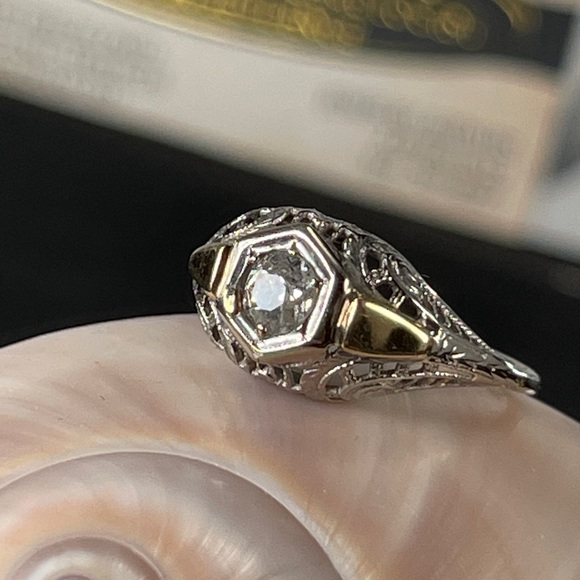 Vtg Lds Art Deco 2-Tone Ring 17K .25CtSz5.5